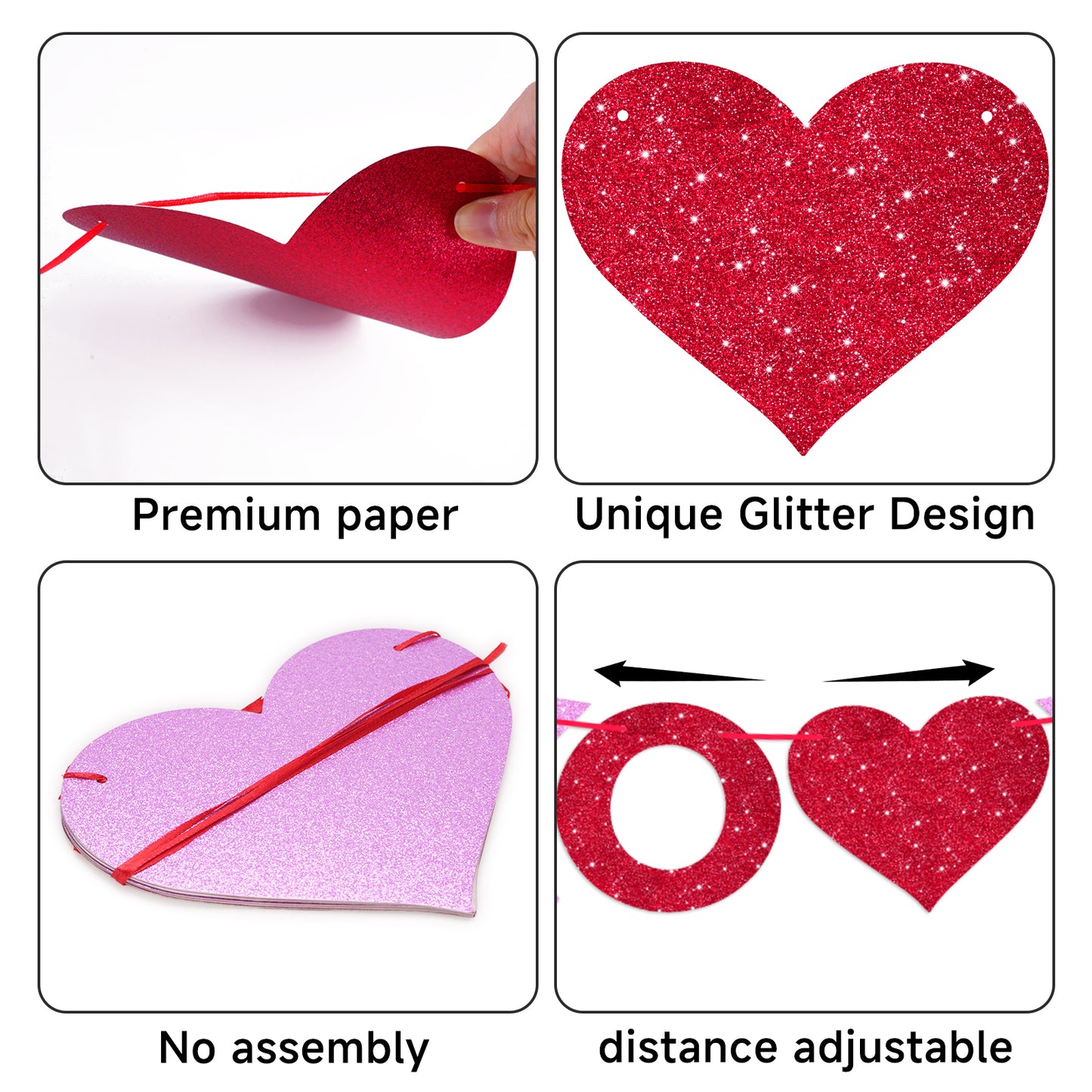 G2PLUS Valentines Day Banner, Glitter Red Pink Heart Party Banner, Pre-strung XOXO Paper Bunting Flag Garlands for Valentine’s Day, Anniversary, Wedding, Home Decoration & Photo Backdrop