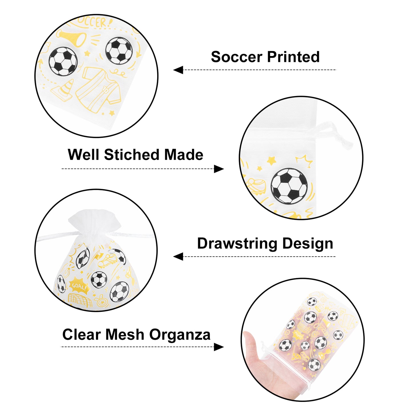G2PLUS 30Pcs Soccer Organza Gift Bags 4x6 Inches, Drawstring Soccer Favor Bags, Sheer Mesh Pouches for Candy Treats, Kids Sports Birthday Party Favors, Team Gifts, Sports Game Events