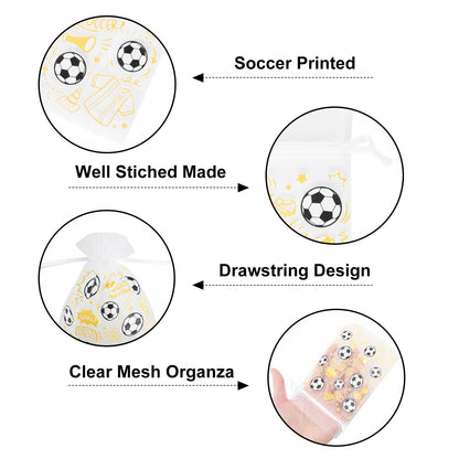 G2PLUS 30Pcs Soccer Organza Gift Bags 4x6 Inches, Drawstring Soccer Favor Bags, Sheer Mesh Pouches for Candy Treats, Kids Sports Birthday Party Favors, Team Gifts, Sports Game Events