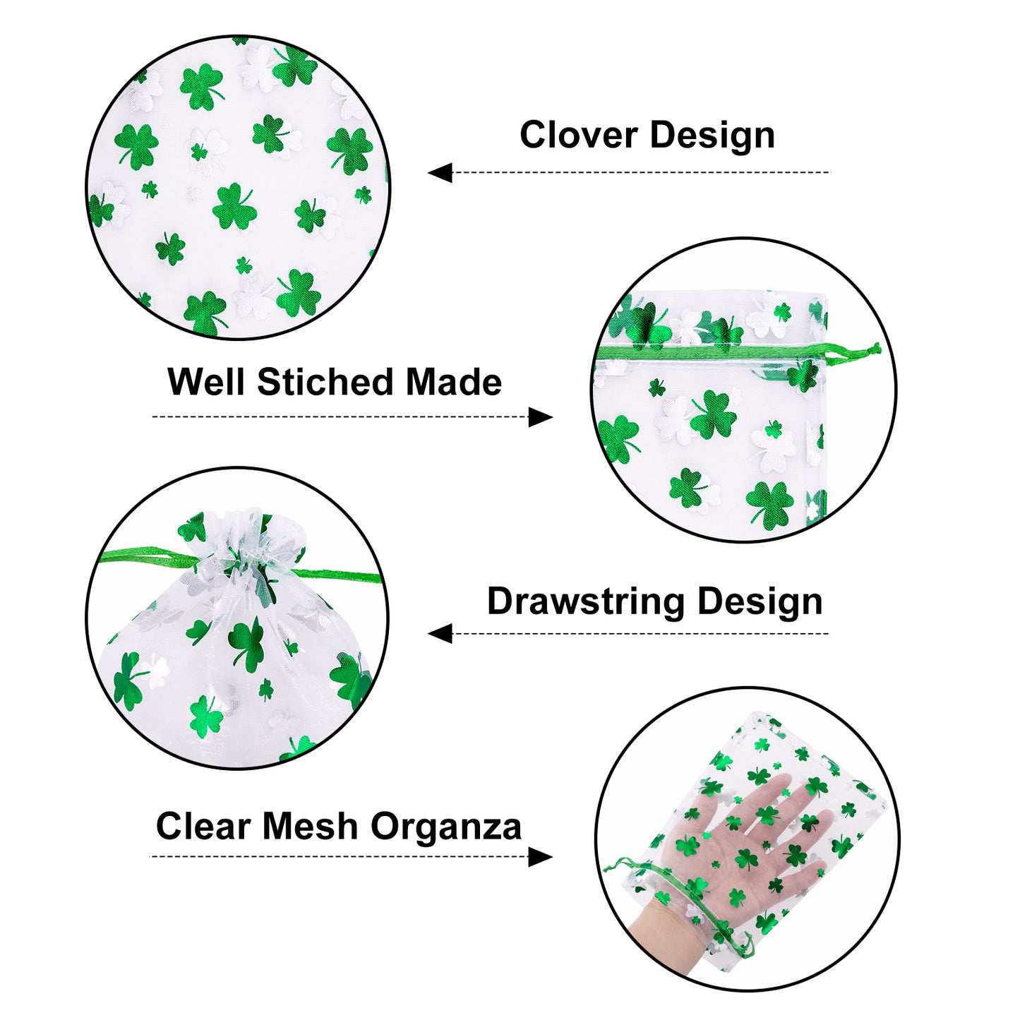 G2PLUS 50PCS St.Patrick's Day Gift Bags Organza 5x7in, Green Foil Shamrock Sheer Mesh Organza Pouches with Drawstring for St.Patrick's Day Party Favors, Candy Gift Bags & Wedding Favors