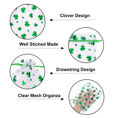 G2PLUS 50PCS St.Patrick's Day Gift Bags Organza 5x7in, Green Foil Shamrock Sheer Mesh Organza Pouches with Drawstring for St.Patrick's Day Party Favors, Candy Gift Bags & Wedding Favors