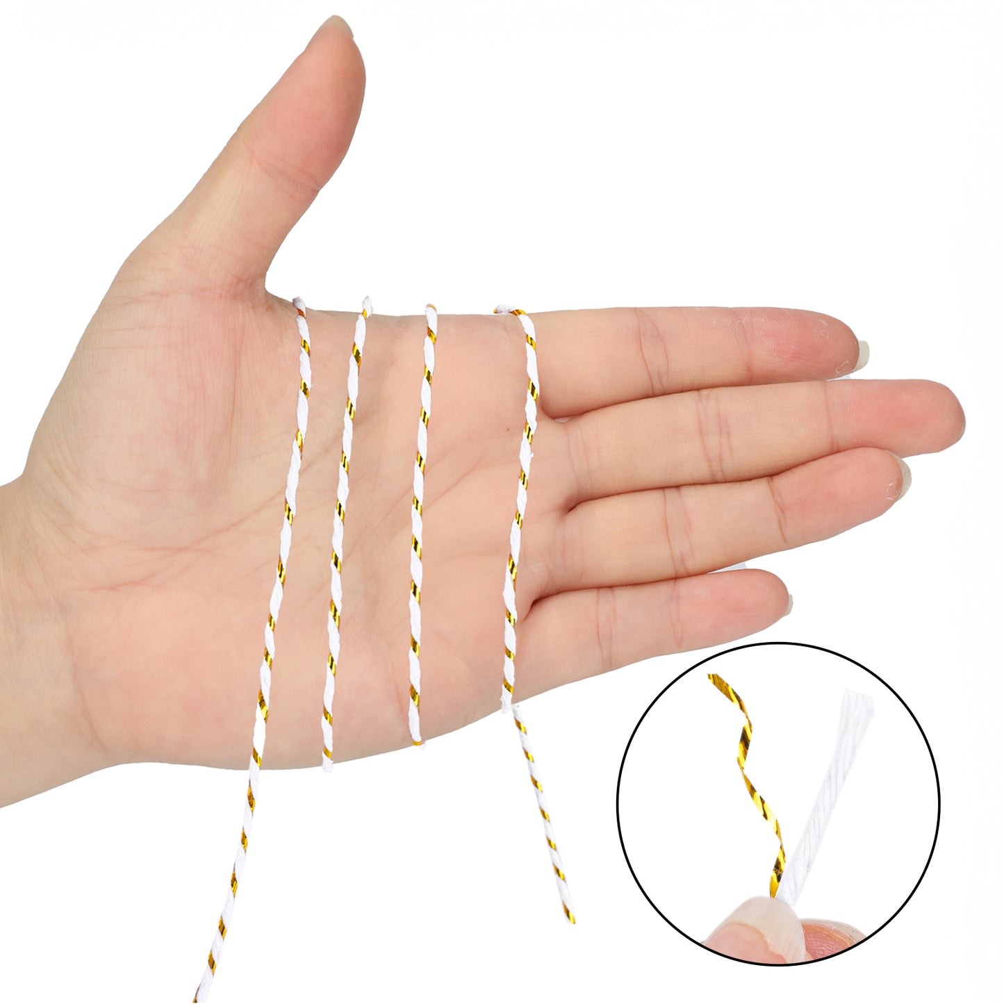 G2PLUS 328ft Gold and White Twine String - 2mm Metallic Bakers Twine for Gift Wrapping, DIY Crafts, Holiday Decorations, Party Favors