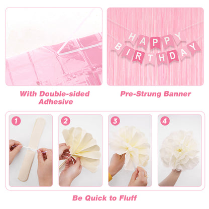 G2PLUS Pink Birthday Decorations Set, Birthday Party Backdrop Decorations