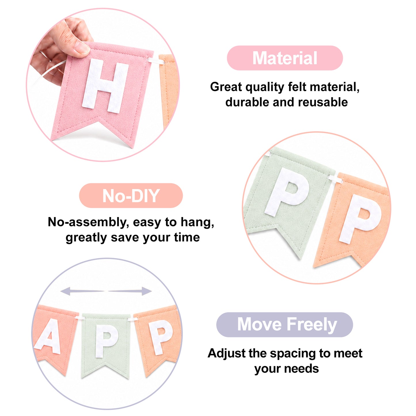 G2PLUS Pastel Happy Birthday Bunting Felt: Pre-Strung Birthday Banner for Boys, Girls, Adults and Kids Birthday Party Decoration