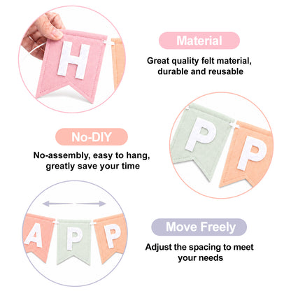 G2PLUS Pastel Happy Birthday Bunting Felt: Pre-Strung Birthday Banner for Boys, Girls, Adults and Kids Birthday Party Decoration