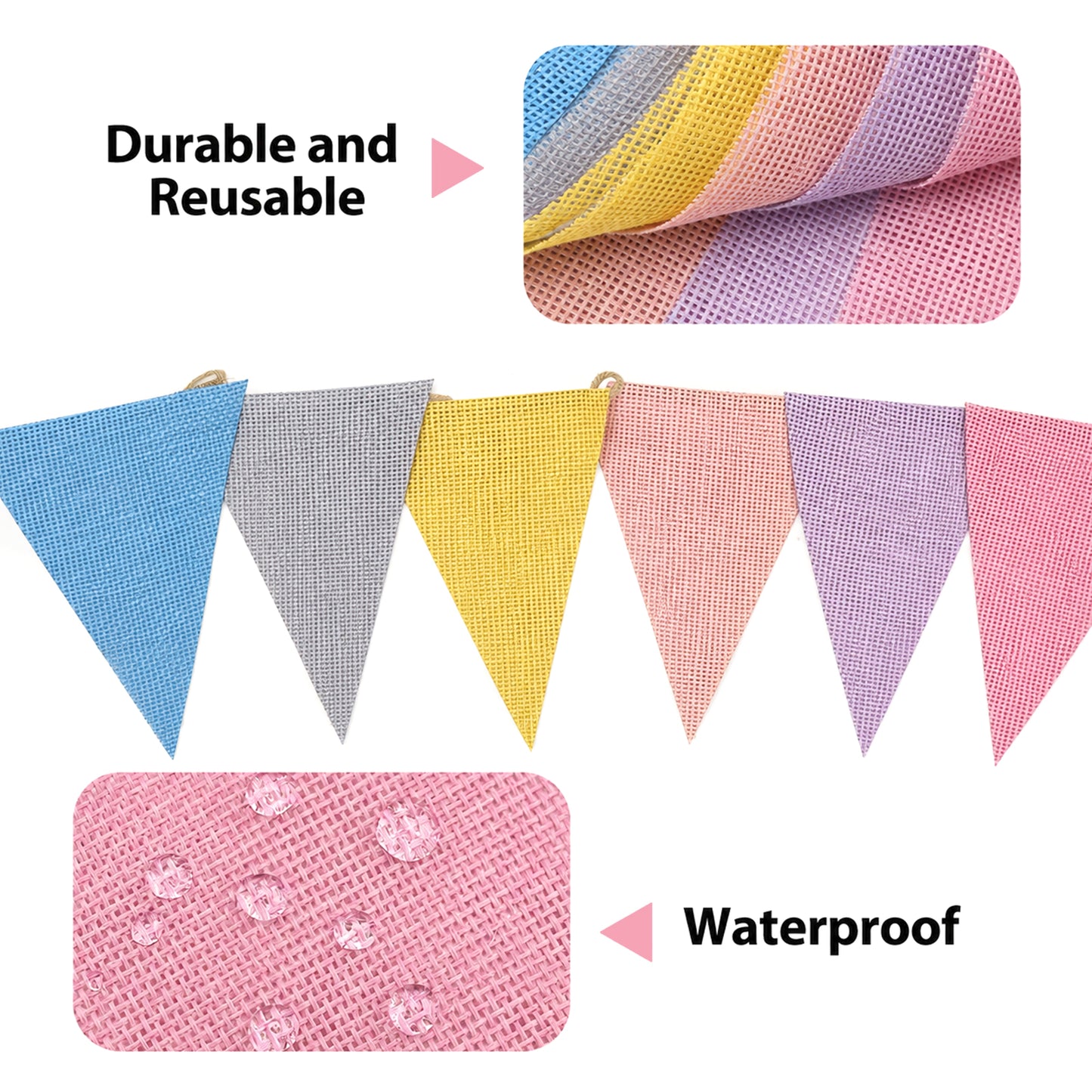 G2PLUS 20M Pastel Burlap Bunting Outdoor: 60PCS Reusable Waterproof Hessian Bunting, Burlap Banner for Birthday, Baby Shower, Wedding, Nursery, Garden Decoration