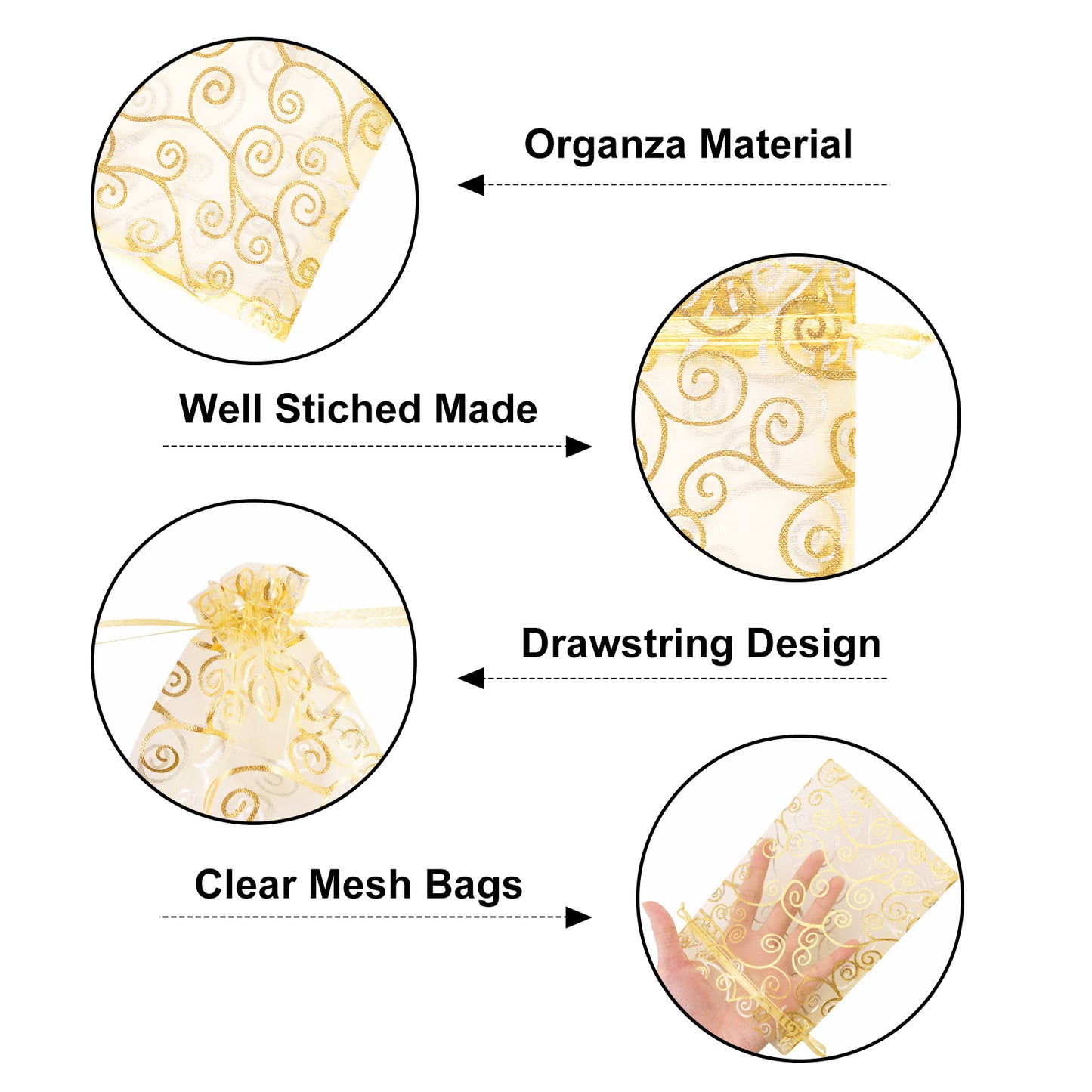 G2PLUS Organza Gift Bags 5x7 Inches - 50Pcs Sheer Mesh Organza Bags with Gold Rattan Printed, Drawstring Tulle Jewelry Pouches for Wedding, Christmas Party Favors