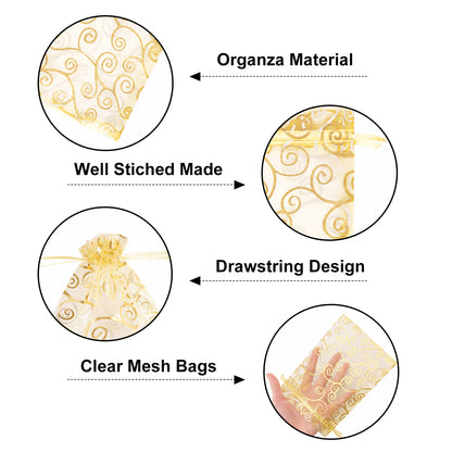 G2PLUS Organza Gift Bags 5x7 Inches - 50Pcs Sheer Mesh Organza Bags with Gold Rattan Printed, Drawstring Tulle Jewelry Pouches for Wedding, Christmas Party Favors