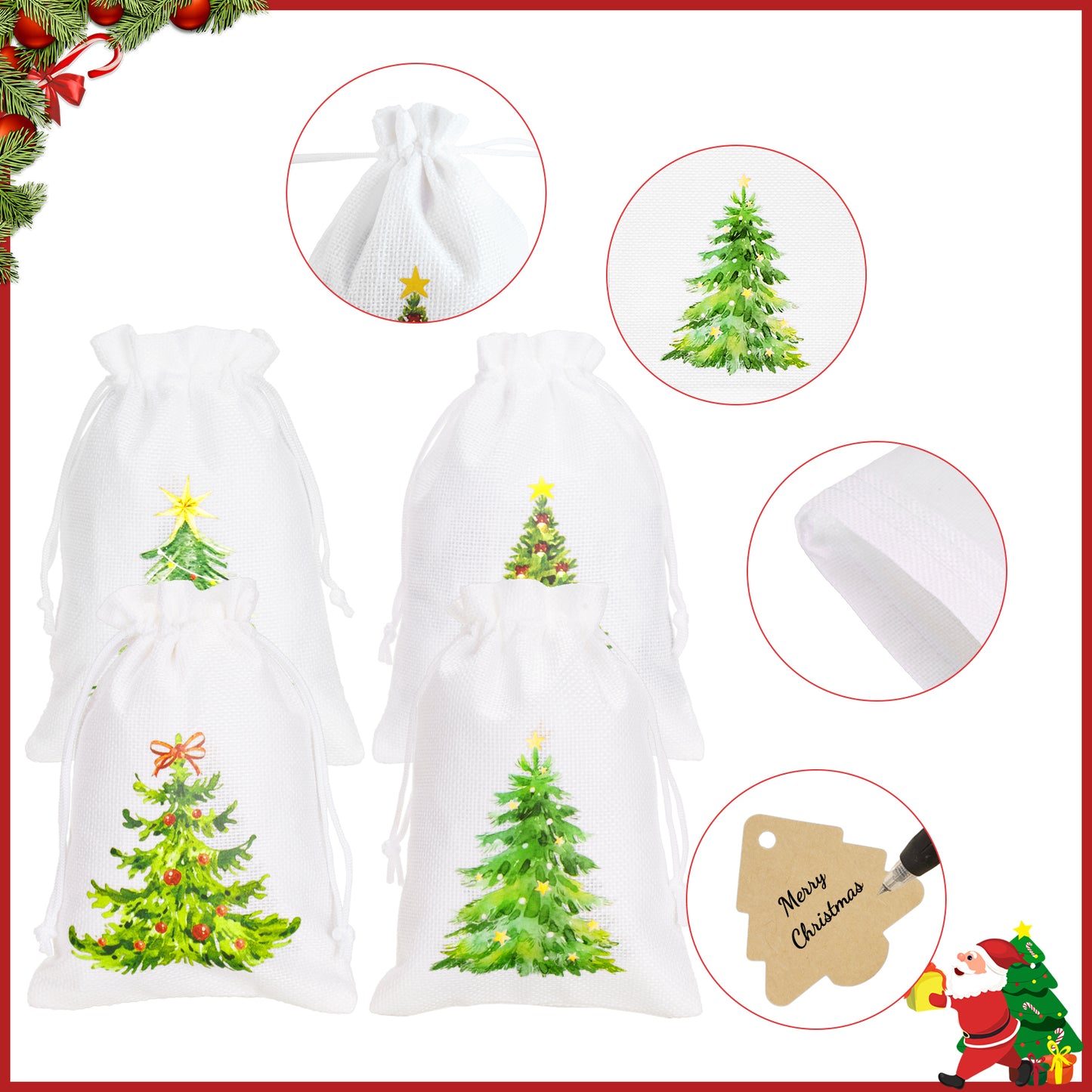 G2PLUS 24Pcs Christmas Drawstring Burlap Gift Bags - 5X7 In Christmas Advent Calendar Bags, 4 Design Xmas Tree Burlap Bag, White Treat Goody Bag for Xmas Holiday Party Favors