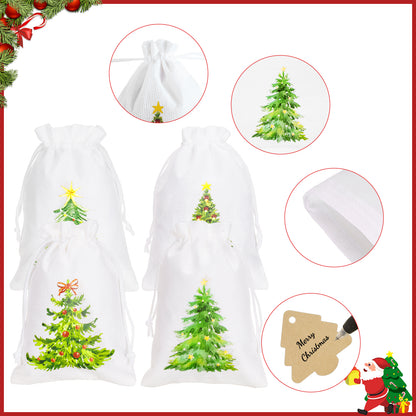 G2PLUS 24Pcs Christmas Drawstring Burlap Gift Bags - 5X7 In Christmas Advent Calendar Bags, 4 Design Xmas Tree Burlap Bag, White Treat Goody Bag for Xmas Holiday Party Favors