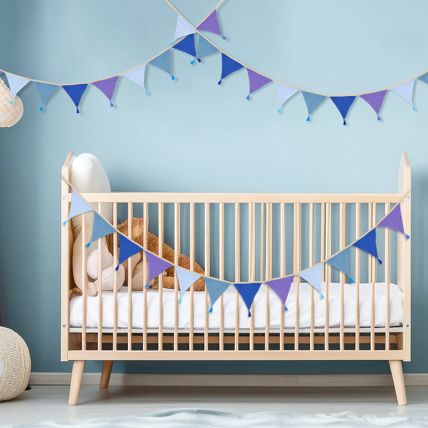 G2PLUS Cotton Fabric Bunting Banner, 9Ft Blue Triangle Pennant Banner Flag, 12pcs Double-Sided Bunting Garland with Tassels for Birthday Party, Wedding, Holiday, Classroom Hanging Decor
