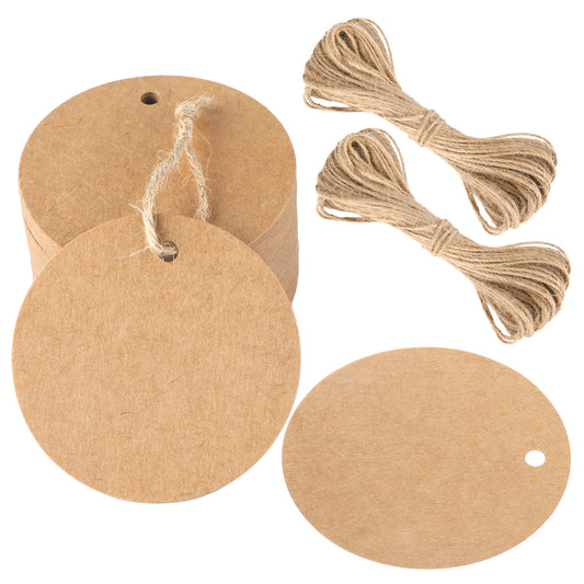 G2PLUS Gift Tags with String-2.5 Inches Blank Circle Kraft Paper Tags 100 PCS Large Round Craft Labeling Tag for Wedding, Birthday, Christmas Party Favors