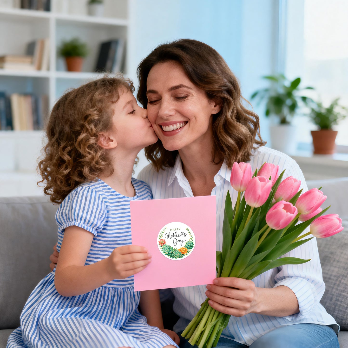 G2PLUS Mother's Day Stickers - 60Pcs Happy Mother's Day Gift Stickers 2 inches Round Mother's Day Labels Stickers with Succulent Plants for Mom's Gifts, Cards, Party Favors