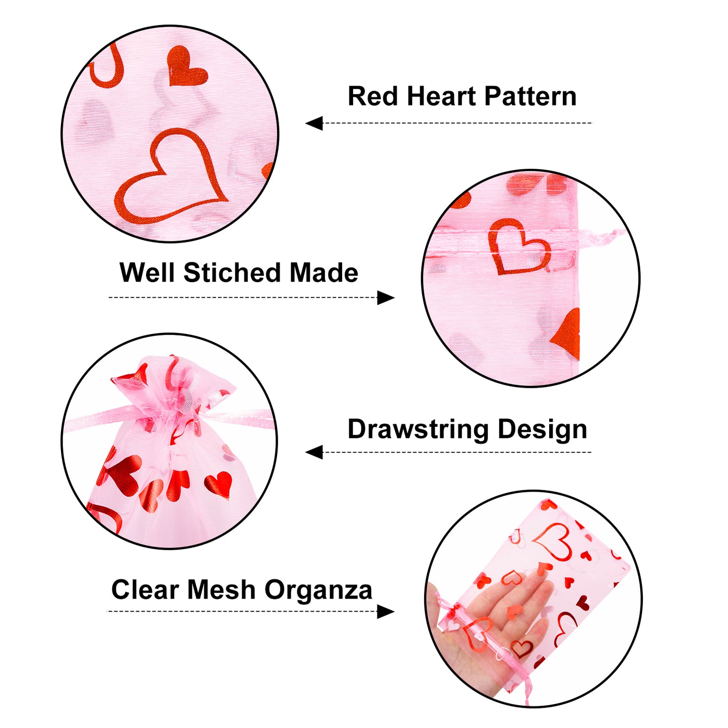G2PLUS 50PCS Valentines Gift Bags Organza 4x6in, Pink Foil Heart Sheer Mesh Organza Pouches with Drawstring for Valentines Day Party Favors, Candy Gift Bags & Wedding Favors