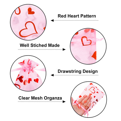 G2PLUS 50PCS Valentines Gift Bags Organza 4x6in, Pink Foil Heart Sheer Mesh Organza Pouches with Drawstring for Valentines Day Party Favors, Candy Gift Bags & Wedding Favors
