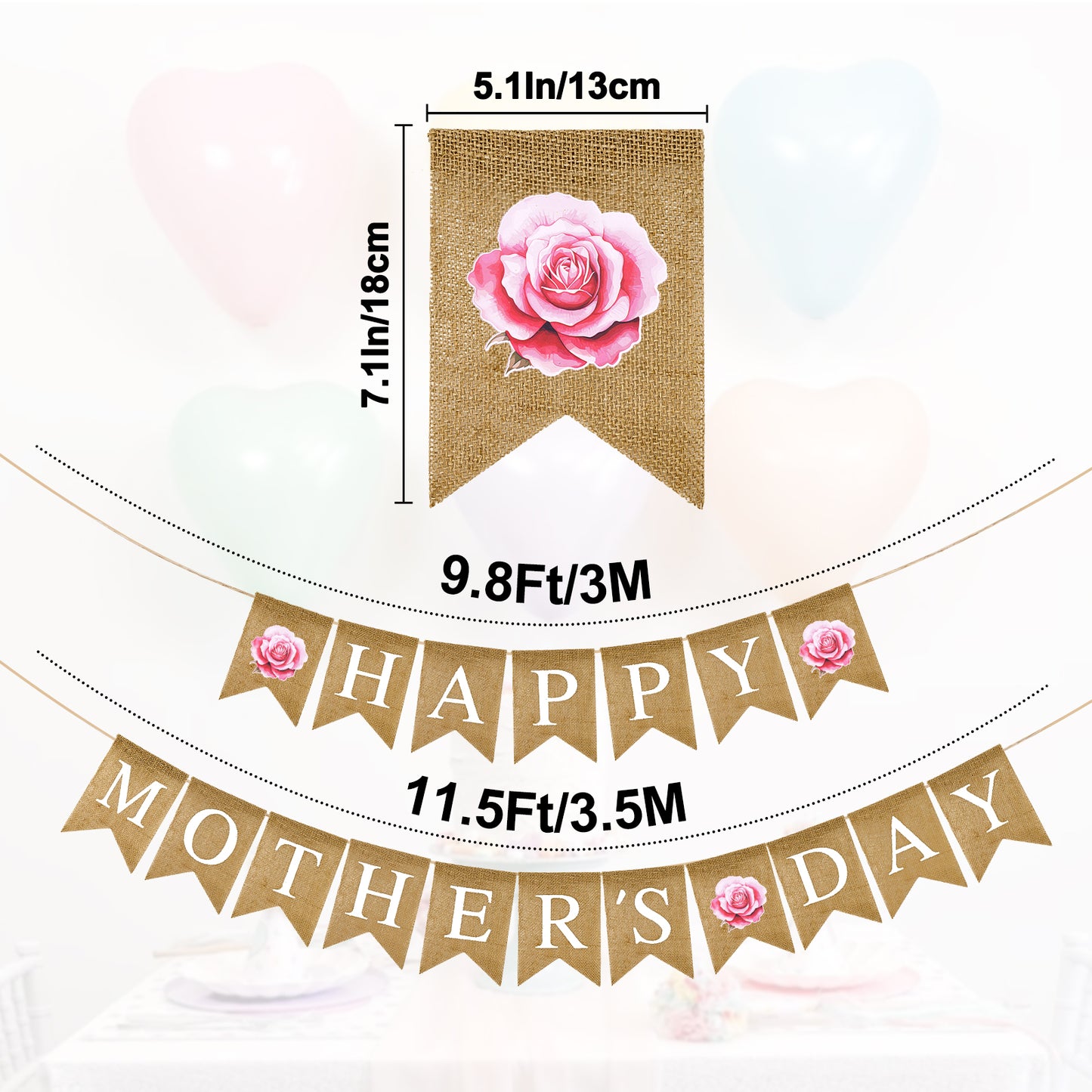 G2PLUS Happy Mother's Day Banner, Pre-strung Mothers Day Decorations Burlap Banner Garland with Pink Rose, Rustic Mothers Day Party Bunting Decor for Home Wall Photo Backdrop Indoor Outdoor