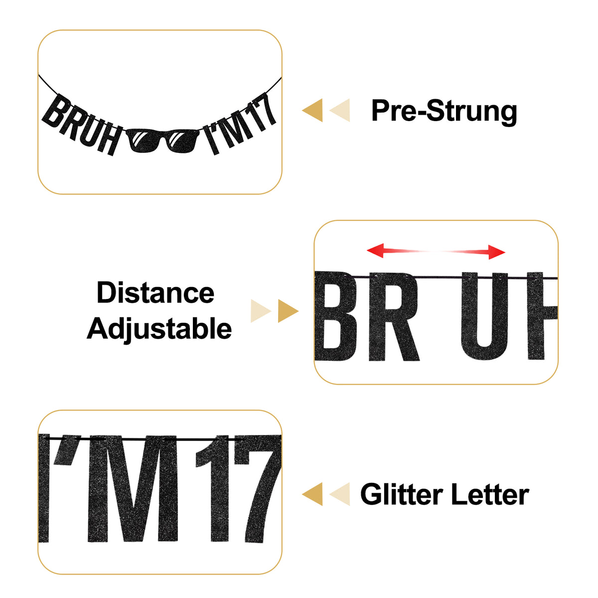 G2PLUS Pre-Strung 17th Birthday Banner, Glitter 17th Birthday Decorations Black Happy 17th Birthday Banner, 3m Bruh I'm 17 Banner, 17th Birthday Party Decorations for Boys