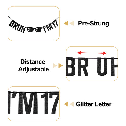 G2PLUS Pre-Strung 17th Birthday Banner, Glitter 17th Birthday Decorations Black Happy 17th Birthday Banner, 3m Bruh I'm 17 Banner, 17th Birthday Party Decorations for Boys