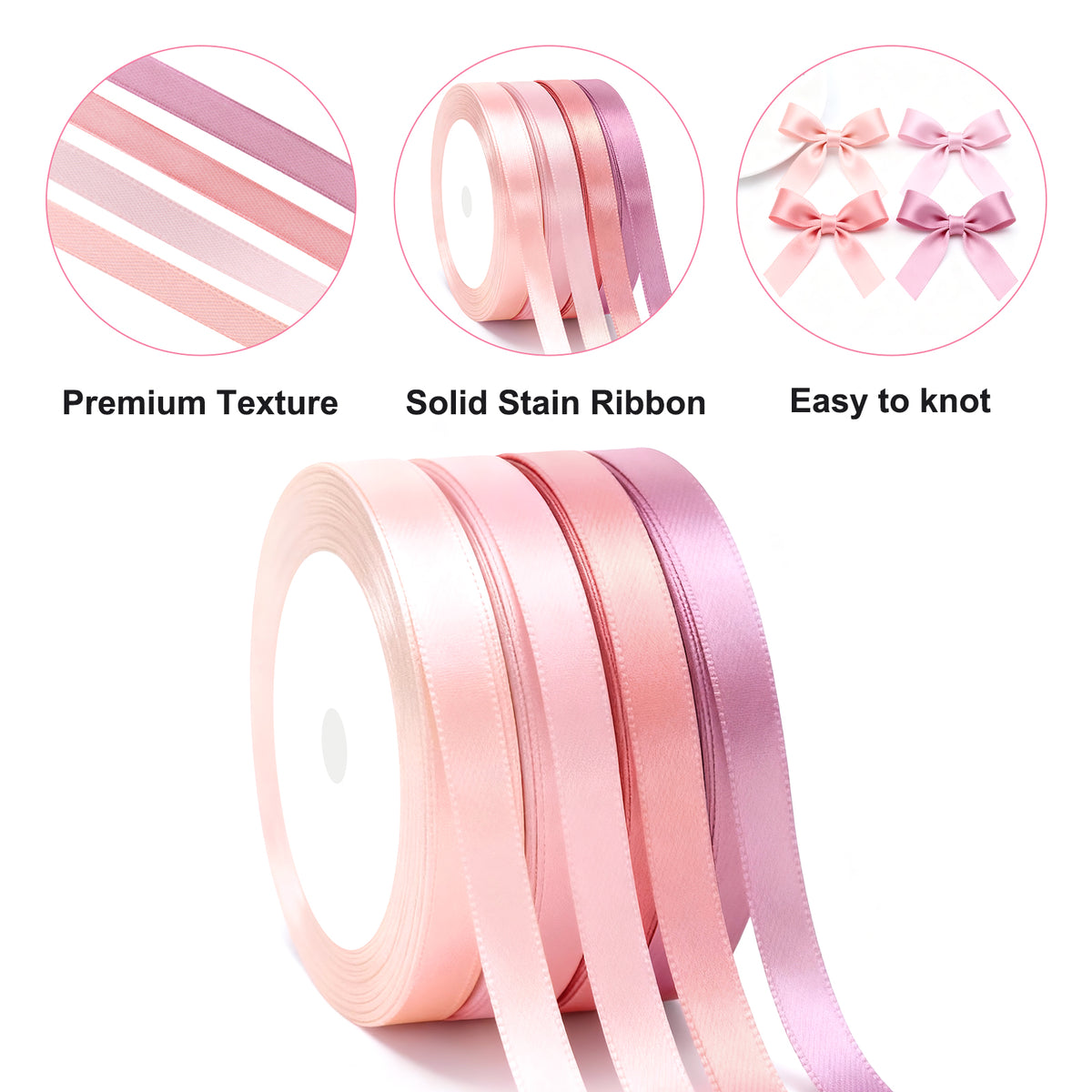 G2PLUS Dusty Pink Satin Ribbon for Gift Wrapping, 4 Rolls, 10mm x 22m 88m Total Gift Wrapping Ribbon, Ribbon for Weddings, Baby Showers, DIY Crafts, Bows, Bouquet Wrapping