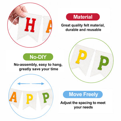 G2PLUS White Happy Birthday Bunting Felt: Pre-Strung Birthday Banner for Adults and Kids Birthday Party Decoration