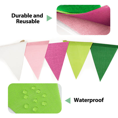 G2PLUS Pre-Strung Burlap Pennant Banner, 65Ft Pink Green and White Triangle Flag Bunting, 60pcs Pennant Banner Bunting Garland for Birthday, Wedding, Camping, Rustic Boho Theme Party Decorations