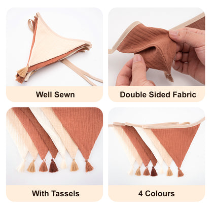 G2PLUS Cotton Fabric Bunting Banner, 9Ft Khaki Triangle Pennant Banner Flag, 12pcs Double-Sided Bunting Garland with Tassels for Birthday Party, Wedding, Holiday, Classroom Hanging Decor