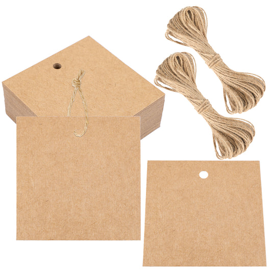 G2PLUS Kraft Paper Gift Tags with String-100PCS Brown Square Tags, 2.5x2.5 inches Large Blank Hanging Label Tag for Gift Wrapping, DIY Arts and Crafts, Christmas Party Favors