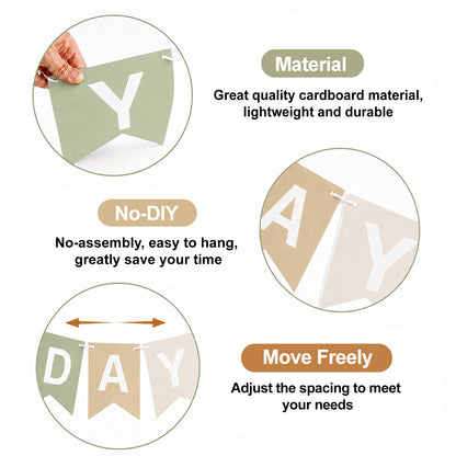 G2PLUS Pre-strung Happy Birthday Banner Beige and Sage Green: 16 x 20 cm Large No-DIY Birthday Banner for Bear, Woodland Theme Birthday Party Decorations