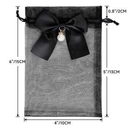 G2PLUS 30Pcs Organza Bags with Bow-4x6 In Black Wedding Favor Bags, Sheer Mesh Jewelry Pouches with Drawstring for Bridal Shower, Baby Shower, Valentine's Day Party Favors