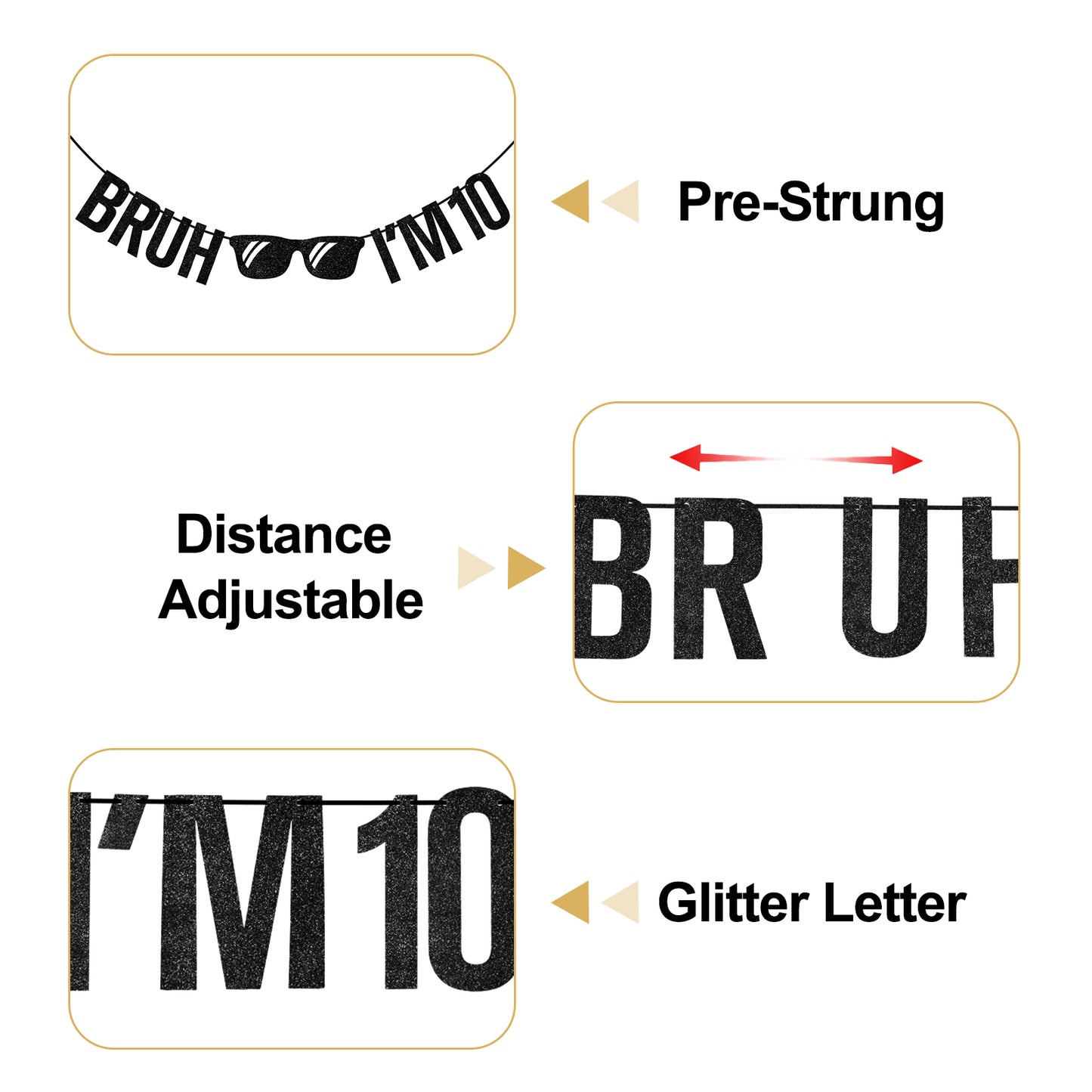 G2PLUS Pre-Strung 10th Birthday Banner,Glitter 10th Birthday Decorations Black Happy 10th Birthday Banner, 3m Bruh I'm 10 Banner, Double Digits 10th Birthday Decorations for Boys