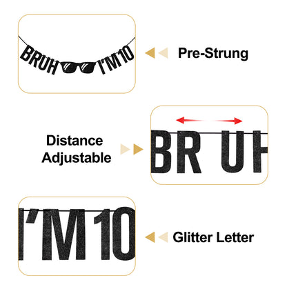 G2PLUS Pre-Strung 10th Birthday Banner,Glitter 10th Birthday Decorations Black Happy 10th Birthday Banner, 3m Bruh I'm 10 Banner, Double Digits 10th Birthday Decorations for Boys