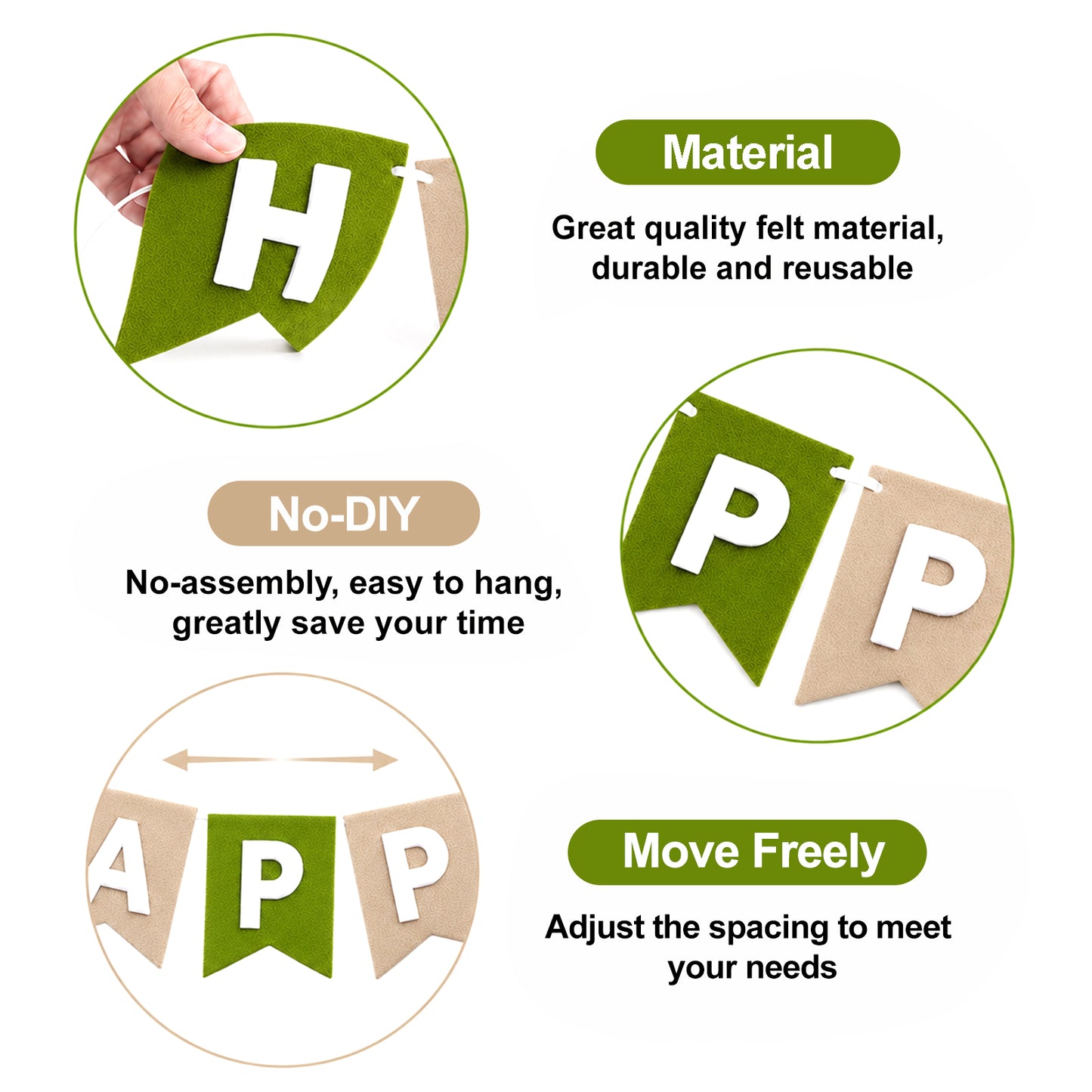 G2PLUS Sage Green and Brown Happy Birthday Bunting Felt: Pre-Strung Birthday Banner for Boys, Men, Adults and Kids Birthday Party Decoration