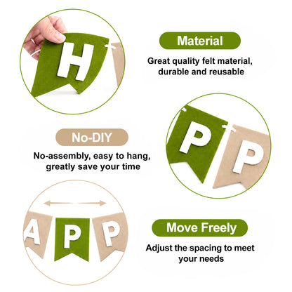 G2PLUS Sage Green and Brown Happy Birthday Bunting Felt: Pre-Strung Birthday Banner for Boys, Men, Adults and Kids Birthday Party Decoration