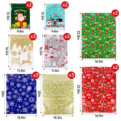 G2PLUS 20PCS Christmas Drawstring Gift Bags Assorted Sizes, Goodie Bags with Ribbon, 8 Designs Aluminum Foil Christmas Bags, Present Wrapping Bags for Packages, Holidays, and Birthday Party