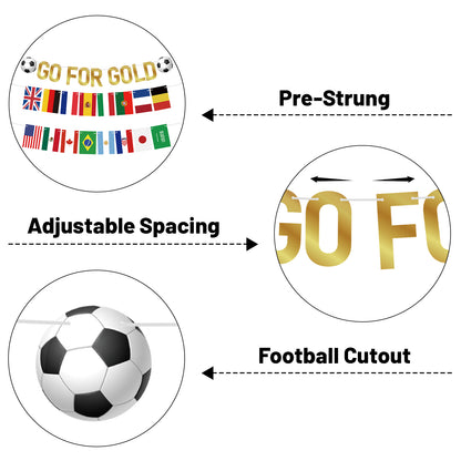G2PLUS Party Decorations for World Cup Football 2026: Pre-strung Flag Bunting Banner, Go For Gold Banner, Home, Bar and Garden Viewing Parties