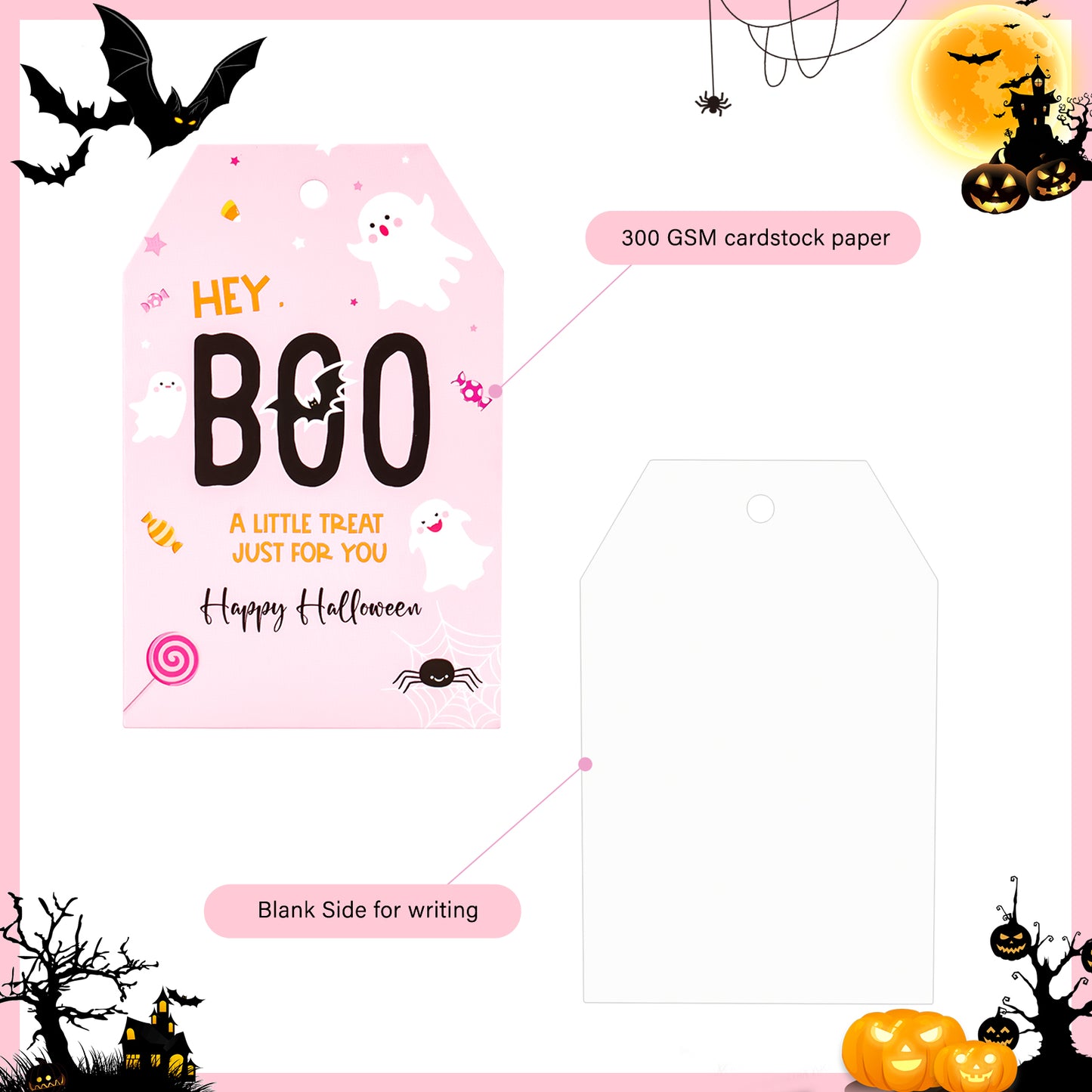 G2PLUS Happy Halloween Tags, 100PCS Halloween Boo Gift Tags, Halloween Treat for You Tags, Ghost Gift Tag, Halloween Paper Gift Tags with String for Gift Wrapping, Halloween Party Favors Supplies