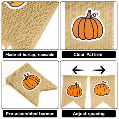 G2PLUS Pumpkin Burlap Banner – 9.8Ft Fall Bunting Garland, Pre-Strung Rustic Hanging Banner Flag Decor for Thanksgiving, Porch, Classroom, Home