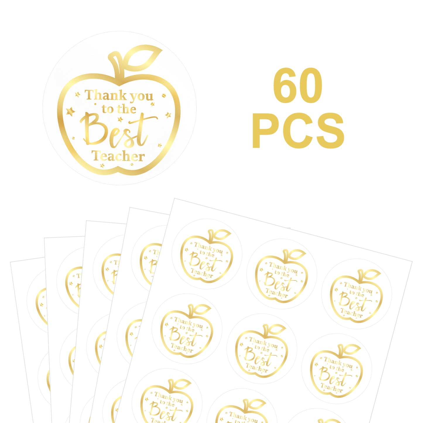 G2PLUS Teachers Appreciation Day Stickers, 60PCS Thank You to The Best Teacher Stickers, 2'' Gold Foil Thank You Teacher Stickers, Apple Teachers Day Gift Stickers for Gift Wrapping, Party Favors