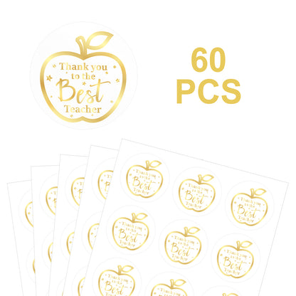 G2PLUS Teachers Appreciation Day Stickers, 60PCS Thank You to The Best Teacher Stickers, 2'' Gold Foil Thank You Teacher Stickers, Apple Teachers Day Gift Stickers for Gift Wrapping, Party Favors