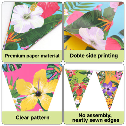 G2PLUS Hawaiian Bunting Banner, 39Ft Pre-Strung Tropical Party Banner, 4 Pack Double Sided Paper Hawaiian Floral Bunting Garland for Luau, Birthday, Baby Shower, Summer Beach Party Decorations
