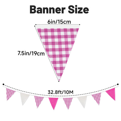 G2PLUS Pink and White Checkered Banner, 32Ft Pink Pennant Banner Garland, Party Decorations Triangular Bunting Garland for Baby Shower Girl, Birthday Party, Bridal Shower, Wedding Décor, Valentine’s Day & Outdoor Celebrations