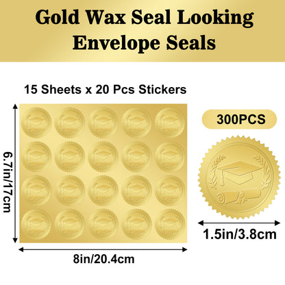 G2PLUS Gold Embossed Graduation Stickers, 300PCS Gold Foil Graduation Cap Stickers, 1.5in Graduation Envelope Seal Stickers, Class of 2025 Label for Diplomas Certificates Congrats Grad Party Favors
