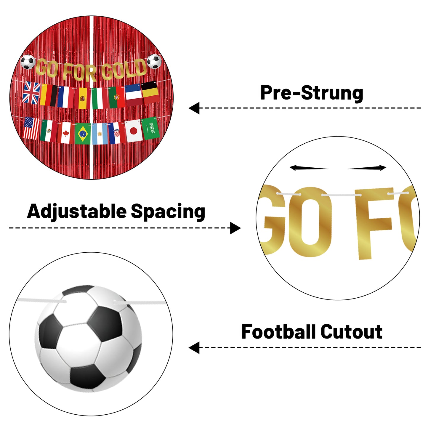G2PLUS Party Decorations Set for World Cup Football 2026: Pre-strung Go For Gold Banner, 2PCS Flag Bunting with 2PCS Red Tinsel Fringe Curtains for Home, Bar and Garden Viewing Parties