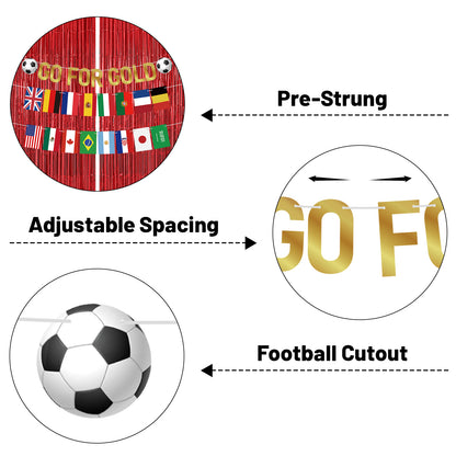 G2PLUS Party Decorations Set for World Cup Football 2026: Pre-strung Go For Gold Banner, 2PCS Flag Bunting with 2PCS Red Tinsel Fringe Curtains for Home, Bar and Garden Viewing Parties
