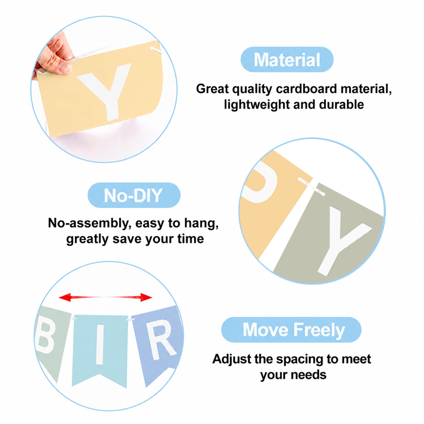 G2PLUS Pre-strung Happy Birthday Banner Pastel and White: 16 x 20 cm Large No-DIY Birthday Banner for Boys and Girls Birthday Party Decorations