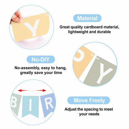 G2PLUS Pre-strung Happy Birthday Banner Pastel and White: 16 x 20 cm Large No-DIY Birthday Banner for Boys and Girls Birthday Party Decorations