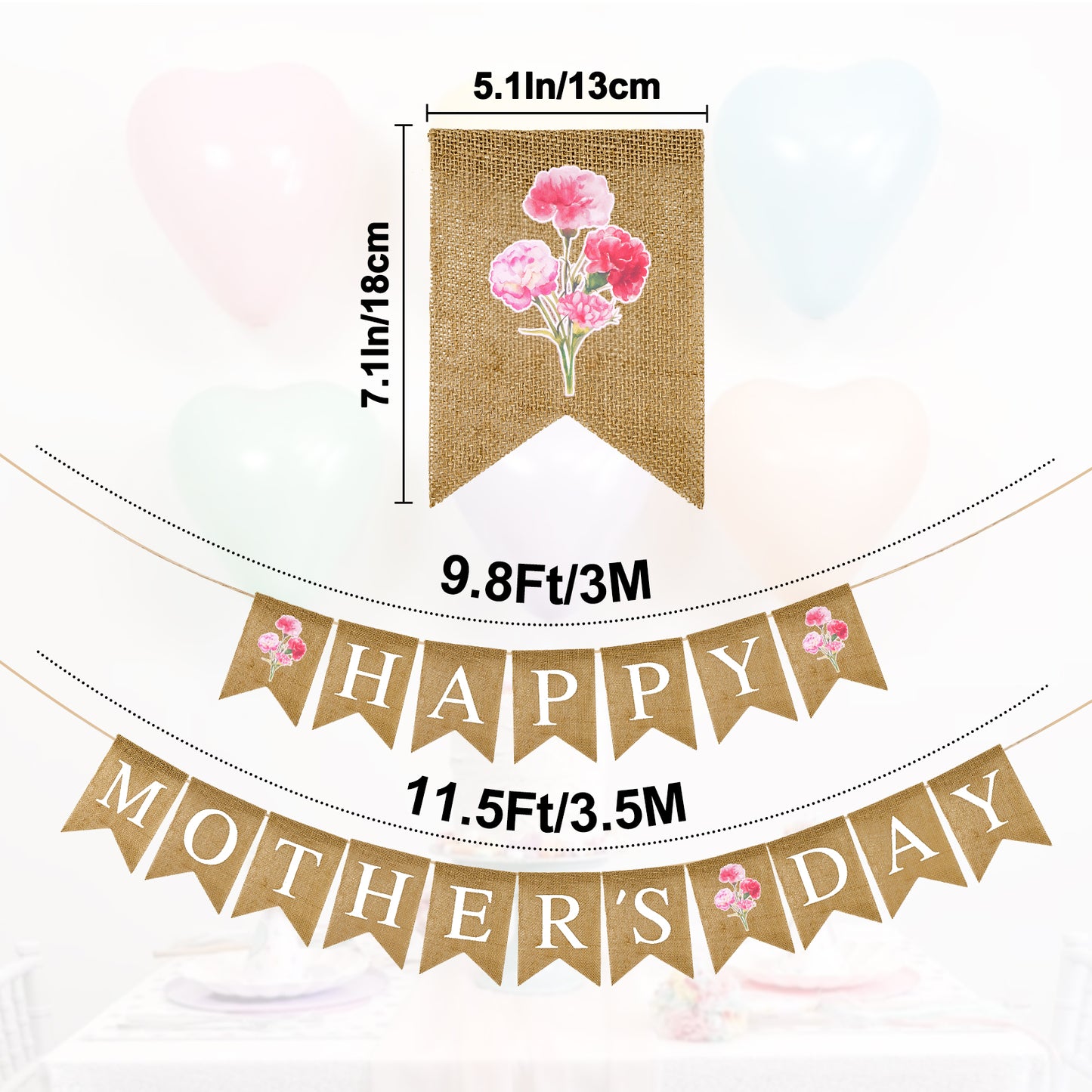 G2PLUS Happy Mother's Day Banner, Pre-strung Mothers Day Decorations Burlap Banner Garland with Carnation, Rustic Mothers Day Party Bunting Decor for Home Wall Photo Backdrop Indoor Outdoor