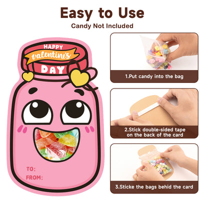 G2PLUS 48 Pack Valentines Day Cards for Kids, 8 Styles Happy Valentine’s Day Mason Jar Cards with Treat Bags for Classroom Valentines Exchange, School Gift Exchange & Party Favors