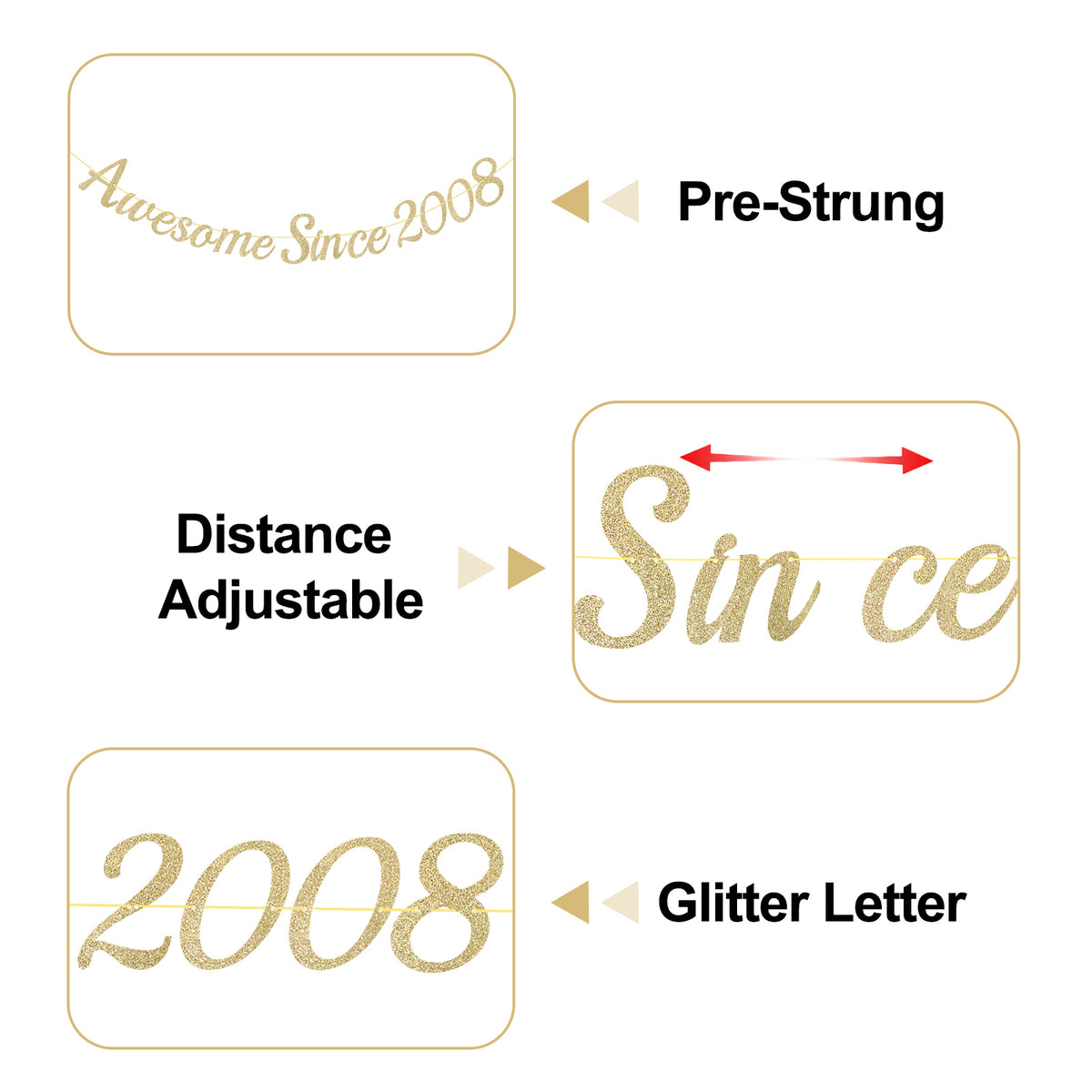 G2PLUS Pre-Strung 18th Birthday Banner, Glitter 18th Birthday Decorations Champagne Gold Happy 18th Birthday Banner, 3m Awesome Since 2008 Banner, 18th Birthday Party Decorations