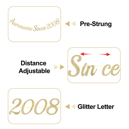 G2PLUS Pre-Strung 18th Birthday Banner, Glitter 18th Birthday Decorations Champagne Gold Happy 18th Birthday Banner, 3m Awesome Since 2008 Banner, 18th Birthday Party Decorations